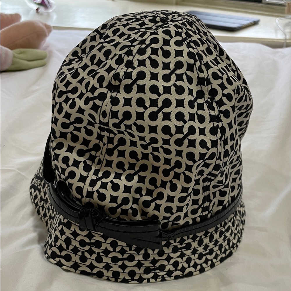 Black and white womens COACH  Patterned Hat patent trim